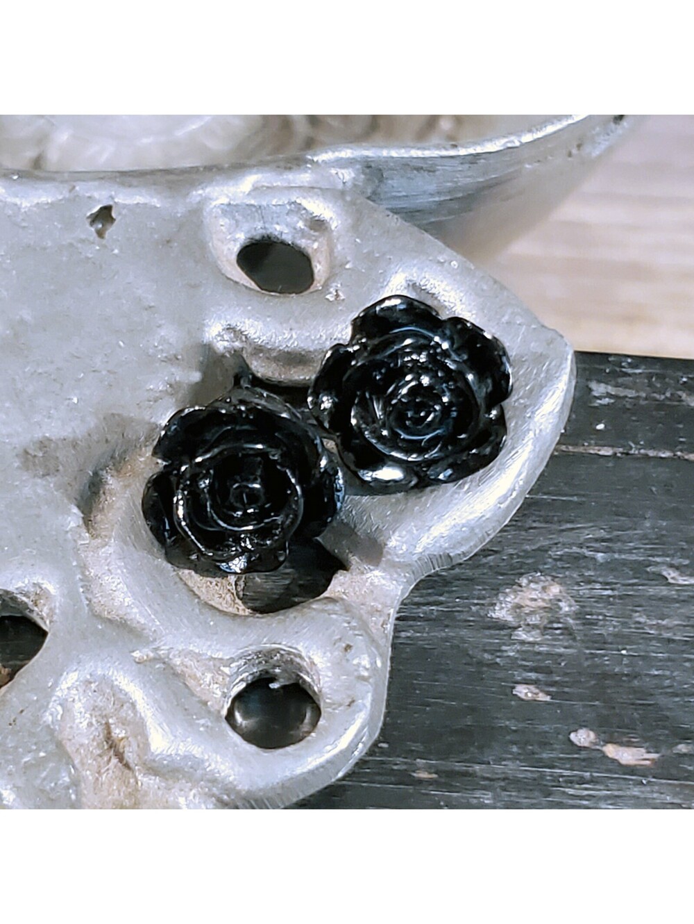 Sustainable Black Rose Flower 11mm Lucite Acrylic Stud Earrings - Picture 2 of 4